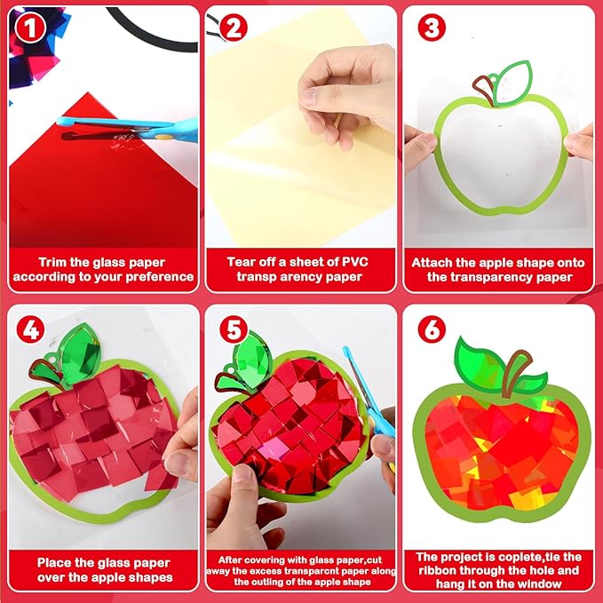 32 Sets Back to School Apple Suncatchers Craft Kit DIY Window Stained Glass Effect Colorful Apples Paper Crafts for Home School Classroom Decor Kid Birthday Gifts Creative Art Projects Activity Game