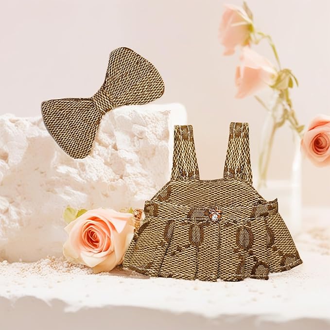 17cm Doll Clothes - Princess Dress with Velvet Hair Bow, Party Outfits for Plush/Blind Box, Luxury Chic Style Set, High-End Fashion Accessories (Brown Dress)