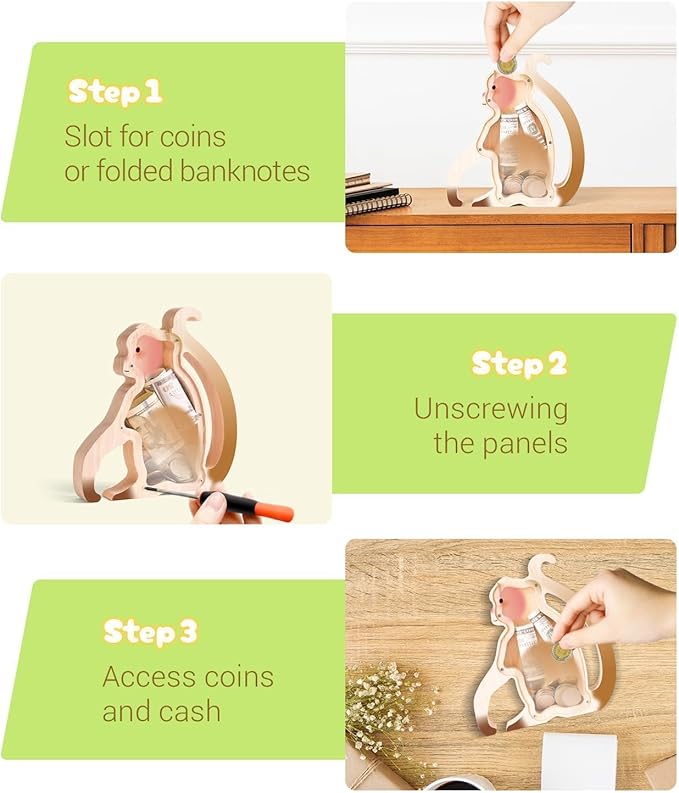 Wooden Monkey Piggy Banks for Kids, Adorable Monkey Piggy Bank with Acrylic Panels, Unbreakable Toddler Money Box for Girls Adults Boys, Cute Saving Coin Jar for Birthday Décor