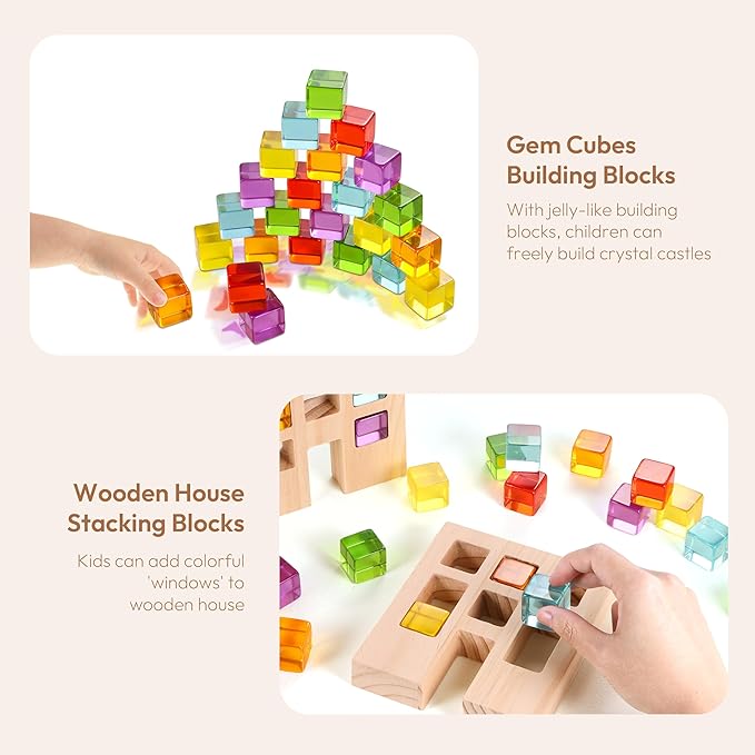Woodtoe Wooden Building Blocks Set for Kids, 24 PCS Rainbow Gem Cubes Stacking Blocks - 2 Wood House, Montessori Stacking Toy for Toddlers, Educational STEM Learning Toy for Boys Girls 3-6
