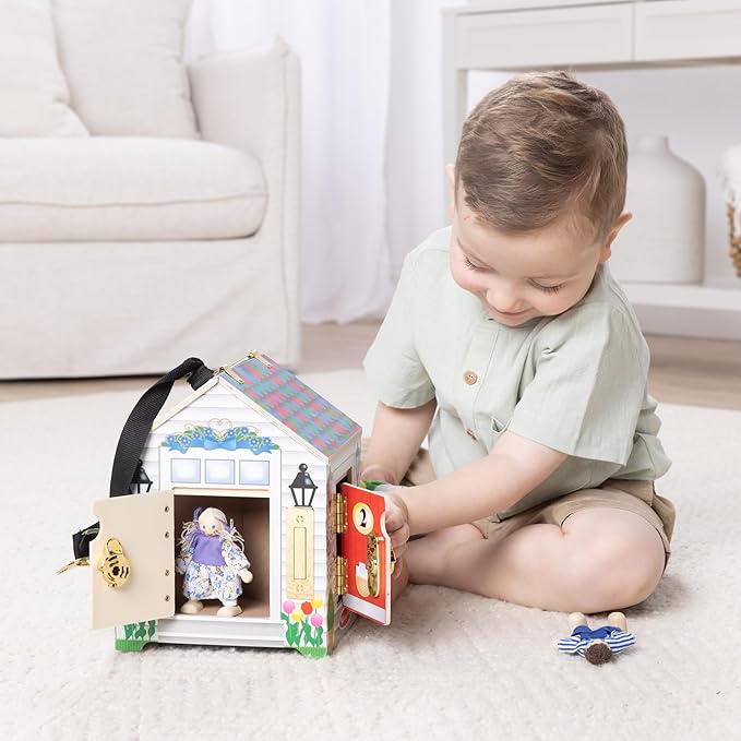 Melissa & Doug Take-Along Wooden Doorbell Dollhouse - Doorbell Sounds, Keys, 4 Poseable Wooden Dolls Portable Doll House, Doorbell House for Kids Ages 3+