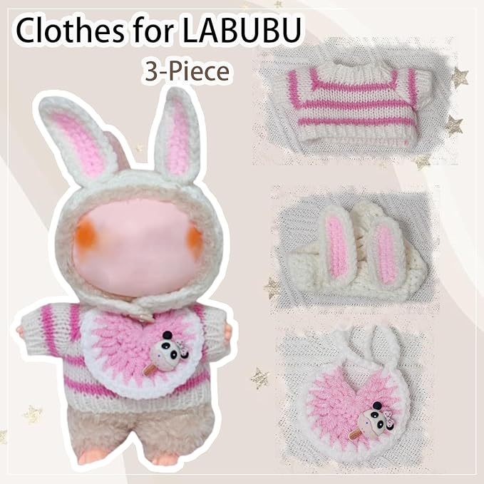 Clothes for Labubu 17cm Labubu Accessories Crochet 3 Piece Set Outfits for Labubu(Pink Rabbit)