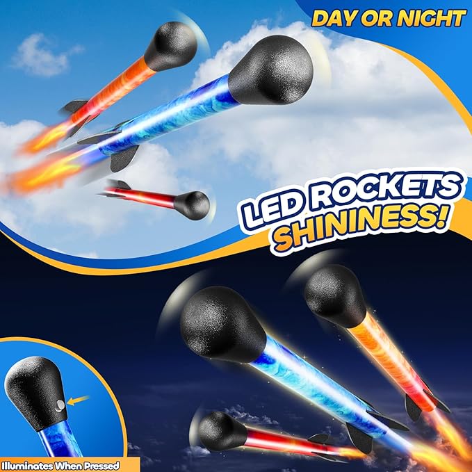 Rockets for Kids Age 4-8 with 4 LED Rockets and Launcher - Outdoor Toys for 4 5 6 7 8-12 Year Old Boy Birthday Gift, Air Powered Flying Toy Shooting Up to 100 Feet, Toys for Kids Ages 8-12