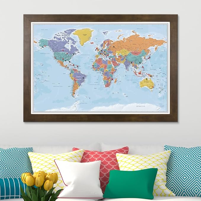 Push Pin Travel Maps - Blue Oceans World - Rustic Brown Framed Pin Map for Tracking Your Travels - 27.5" x 39.5" - 8 Handcrafted Frame Options - Made in USA - Ideal for Any Traveler