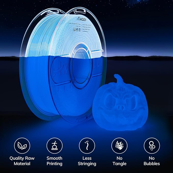 AMOLEN 3D PLA Printer Filament, 1.75mm Glow in The Dark Blue PLA Filament for 3D Printing, Best with UV Lamps, 1kg Spool (2.2lbs), Dimensional Accuracy +/- 0.02 mm, Fit Most FDM 3D Printers