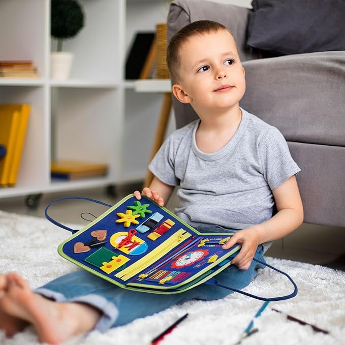 Busy Board Montessori Sensory Toy Travel Educational Book Kids 2 3 4 Years Toddler Fine Motor Skills Preschool Activities Clock Buckle Zipper Buttons Learning Gift Portable Carry Case