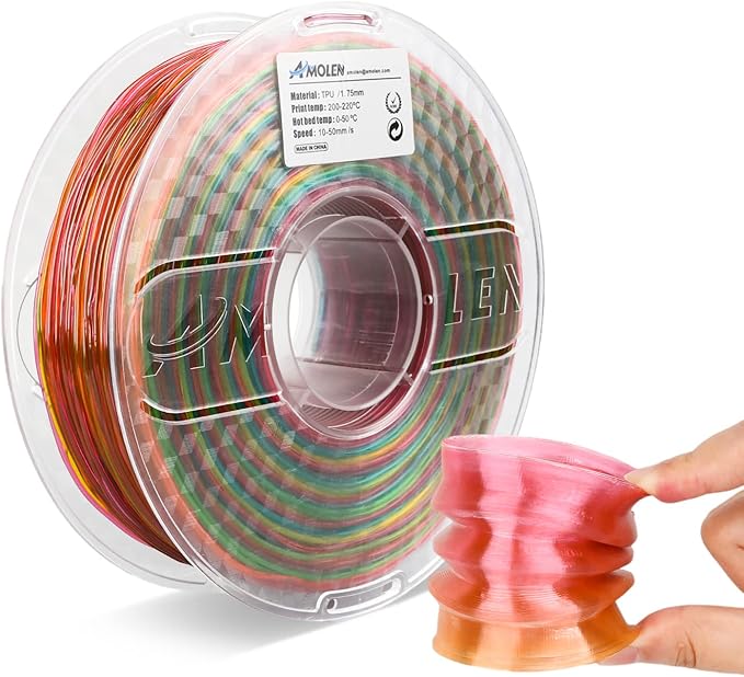 AMOLEN TPU 3D Printer Filament, Transparent Multicolor Rainbow TPU 1.75mm, Color Change Flexible Soft TPU 3D Printing Filament Supports High Speed, 1kg Spool(2.2lbs)