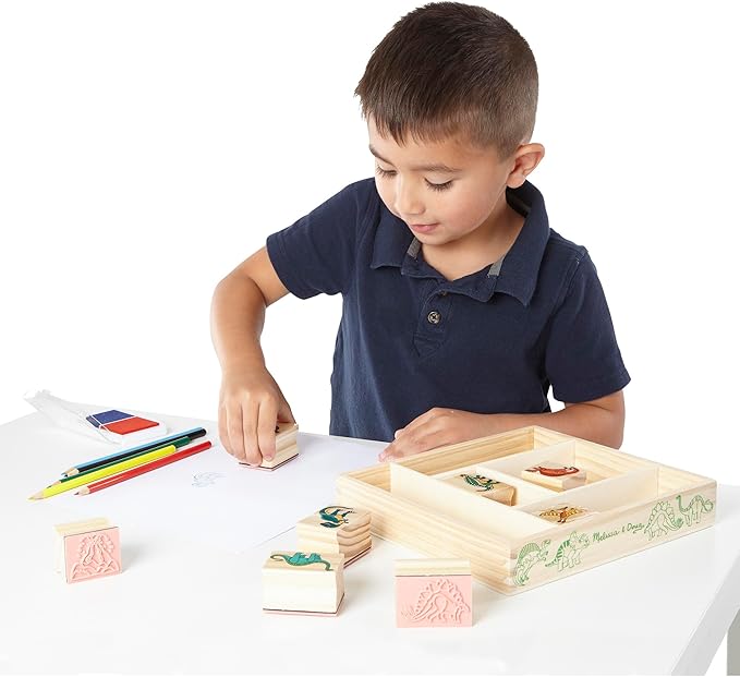 Melissa & Doug Wooden Stamp Set: Dinosaurs - 8 Stamps, 5 Colored Pencils, 2-Color Stamp Pad - FSC Certified