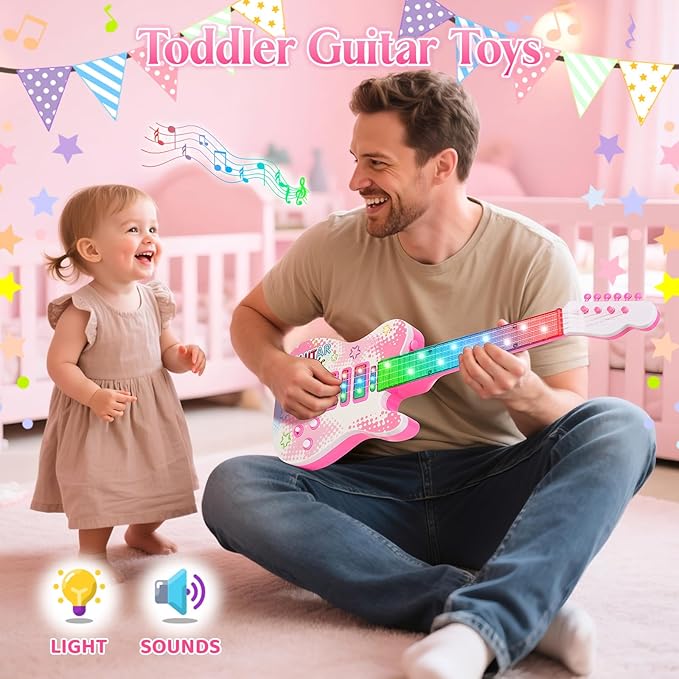 Electric Guitar and Microphone Set for Kids, Toddlers Musical Instruments Starter Kit with Guitar Microphone Lifting Stand, Pink Karaoke Machine with Mic for Boys Girls Infant Christmas Gifts