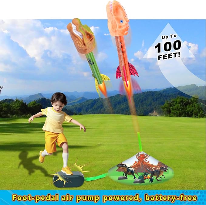 Dinosaur Rocket Launcher for Kids, 4 Rockets with Launcher Pad, Launch Up to 100 Ft, Dinosaur Toys for Kids, Outdoor Toys, Birthday Gifts for 3 4 5 6 7 Year Old Boys Girls
