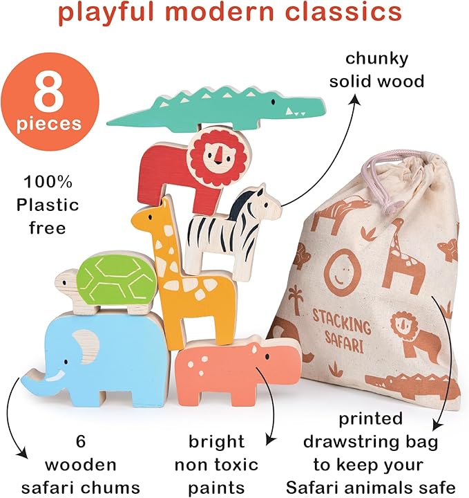 Mentari Toys - Happy Stacking Safari - 7pc Wooden Stacking Toy for Toddlers - Colorful Safari Balancing Activity Toy with Bag - Boost Fine Motor Skills and Dexterity - Educational Toy - Age 18m+