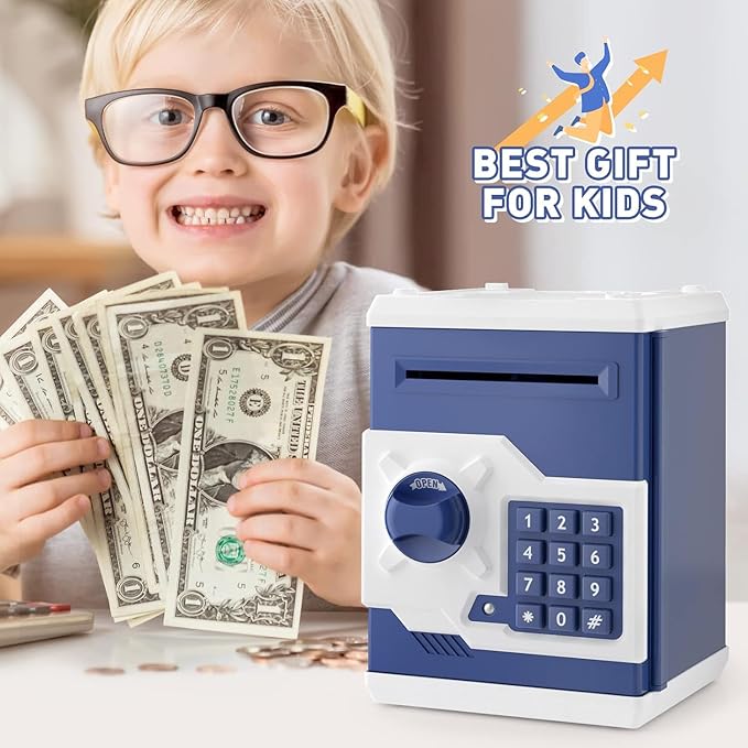 Piggy Bank for Girls Boys Large Electronic Money Coin Banks with Password Protection, Automatic Paper Money Scroll Saving Box, Great Gift for Kids(Blue-White)