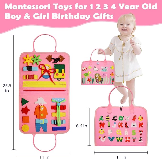 MAJAVI Busy Board Montessori Toys for 1 2 3 4 Year Old, Busy Book for Toddlers 1-3 Boys Girls Birthday Gifts, Sensory Educational Activities Travel Toys for Learning Fine Motor Skills, Pink-3 Pages