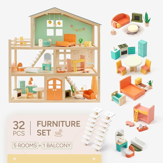 Giant bean Large Wooden Dollhouse with 32 Pcs Furniture Accessories, 3-Story Doll House 5 Rooms Balcony Wooden Stairs, Ideal Dollhouse Playset Toy for Kids Ages 3+, 30" H x 28" L x 13" W