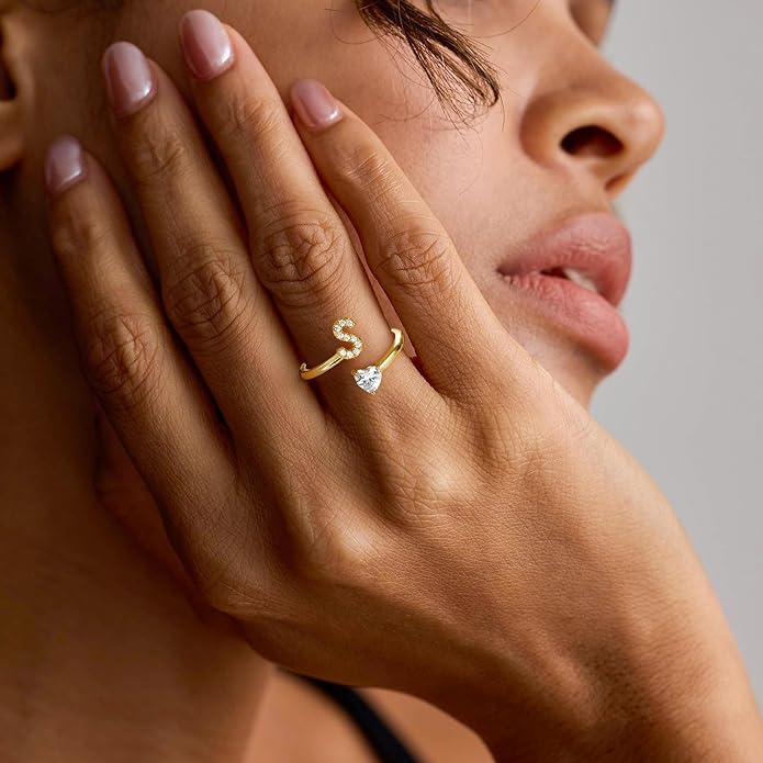Initial Gold Rings for Girls Women - Dainty 14K Gold Plated Adjustable Letter A-Z Rings Teen Girls Gifts Trendy Stuff Heart CZ Initial Ring Teens Birthday Gift for Girls Non Tarnish