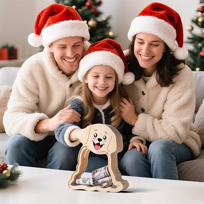 Wooden Dog Piggy Bank for Kids with Letter Sticker, Cute Labrador Wood Money Box, Unbreakable Coin Bank for Boys, Girls, Money Jar Personalizable Birthday Gift, Educational Toy for Kids