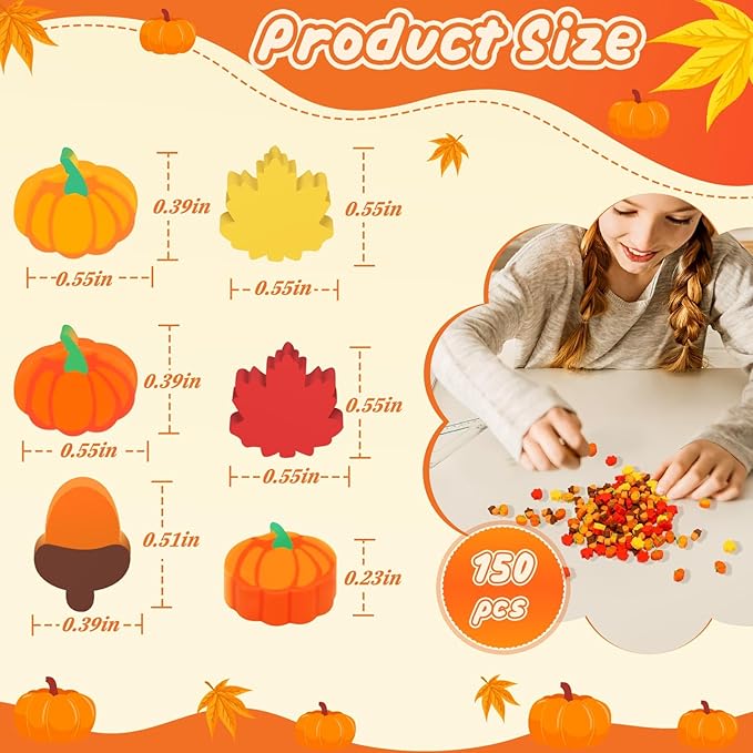 JUNEBRUSHS Fall Mini Cute Thanksgiving Mini Eraser Bulk Set of 150 Pcs, Maple Leaf Novelty Pencil Eraser Pack for Kids, Homework Rewards, Party Favors