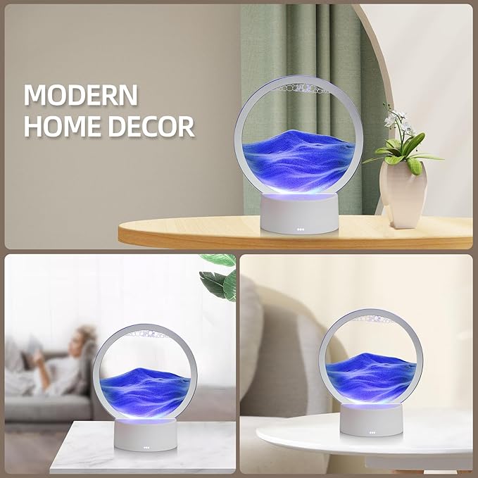 Moving Sand Art Liquid Motion, 3D Deep Sea Sandscape Color Quicksand Decor, Round Glass Moving Sand Art Picture Relaxing Desktop Home Office Work Decor (Blue, 6 inch)