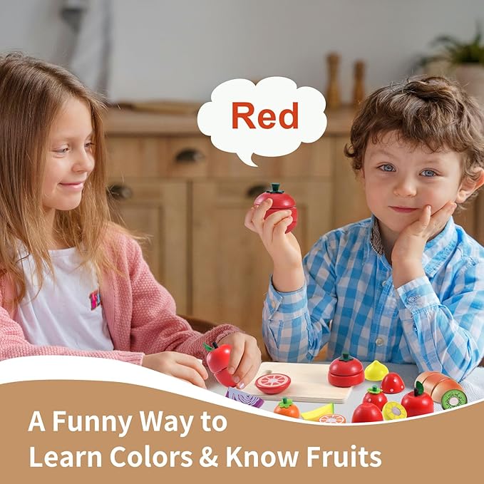 WHOHOLL Wooden Play Food for Kids Play Kitchen Accessories Playset with Basket, Pretend Cutting Food Montessori Toys for 3 4 5 6 Year Old, Velcro Vegetables Fruits Toys Gifts for Fine Motor Skills
