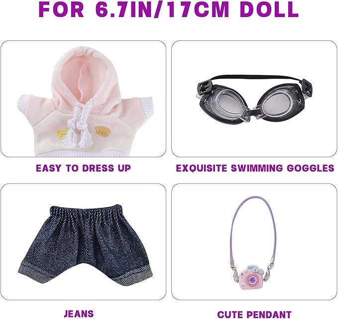 17cm Doll Clothes Set 4-Piece Outfits for Doll Pink Fashion Clothing for Plush Dolls Accessories with Glasses Jeans and Hoodie