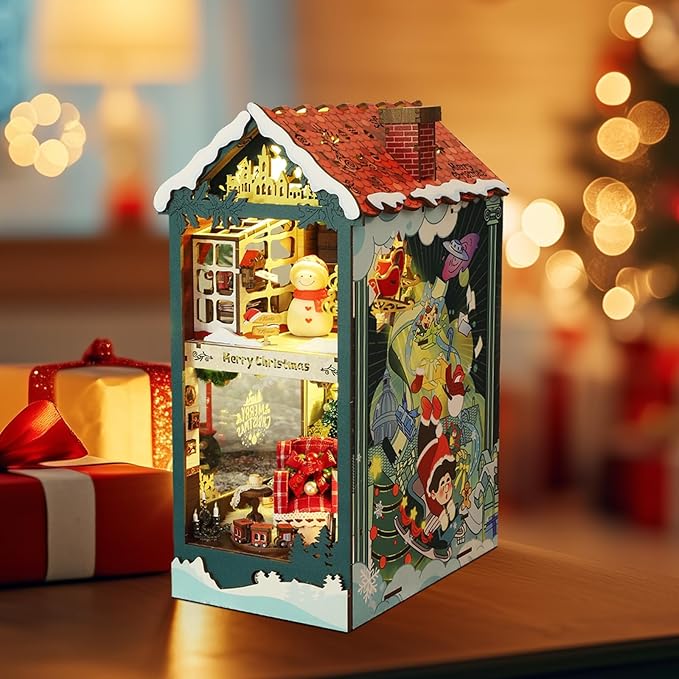 DIY Book Nook Kit, Miniature Bookshelf Decor with LED Lights, Laser-Cut Wooden Craft Set for Adults, Creative Gift for Christmas, Birthday, Xmas, Merry Christmas