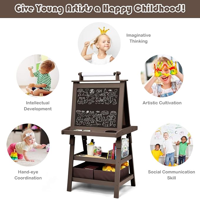 Costzon Kids Art Easel, 3 in 1 Double-Sided Wooden Easel w/Magnetic Whiteboard, Chalkboard & Paper Roll, 2-Tier Rack w/ 2 Storage Boxes, Standing Easel for Kids, Toddlers, Boys, Girls (Coffee)