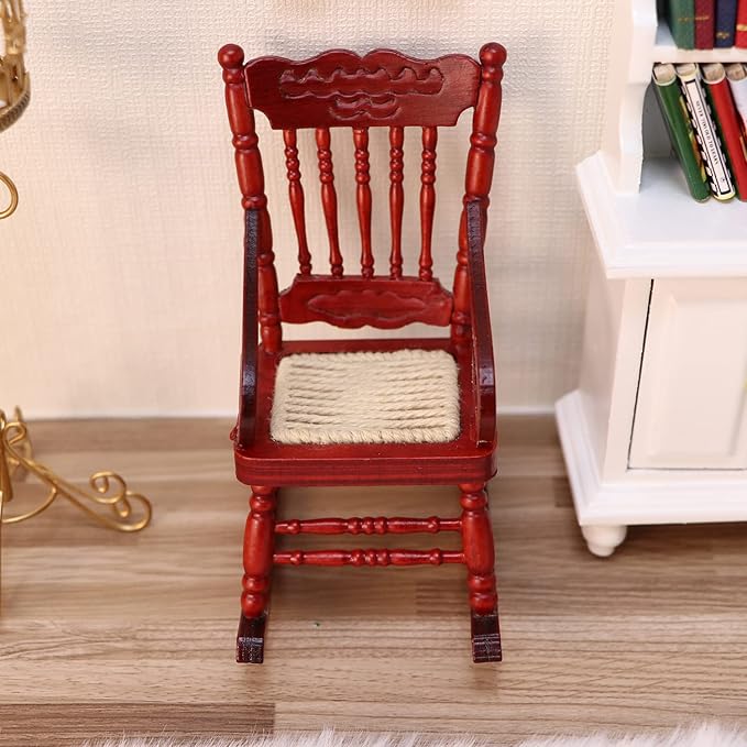 Dollhouse Miniature Rocking Chair 1:12 Scale Wooden Furniture Accessories Tiny Mini House Home Outdoor Cake Topper Decoration Model Living Room Scene Christmas Craft Displays (Red)