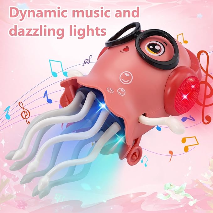 Magic Dancing Octopus Toy with Music and LED Lights, Rechargeable Electric Crawling Jellyfish for Kids Age 3+, Smart Obstacle Avoidance Musical Toy, Birthday Gift for Boys and Girls (Pink)