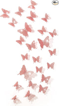 BBTO 48 Pieces Butterfly Wall Decor DIY Mirror 3D Butterfly Stickers Removable Decals for Home Bedroom School Bathroom Living Room Decor(Glitter Pink)