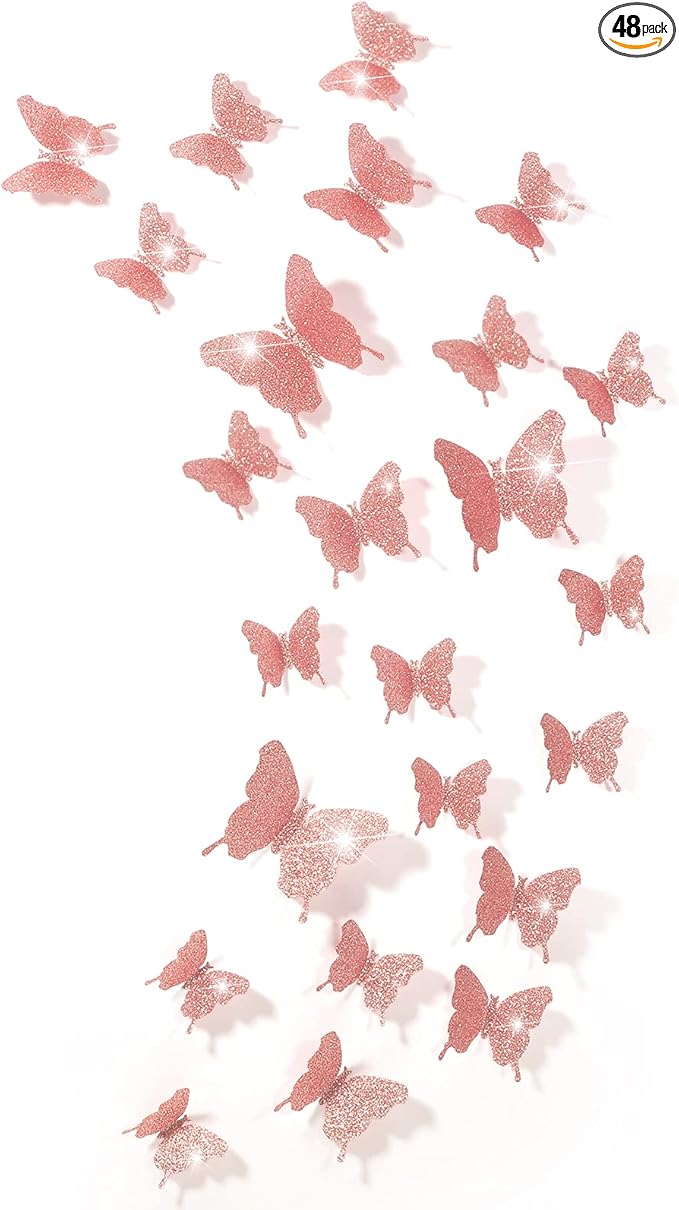 BBTO 48 Pieces Butterfly Wall Decor DIY Mirror 3D Butterfly Stickers Removable Decals for Home Bedroom School Bathroom Living Room Decor(Glitter Pink)