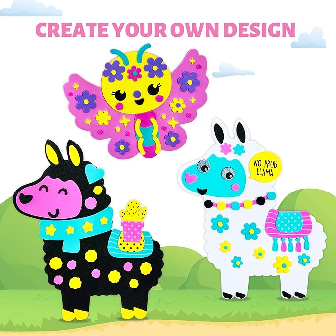 VKPI 4 Pieces EVA Foam Art Crafts Gift Kit, Creative Make Your Own Llamas, Cartoon Foam Paper Craft Projects for Kids Ages 4+ Toddler, Preschool Learning Toy for Birthday Party Favor Supplies