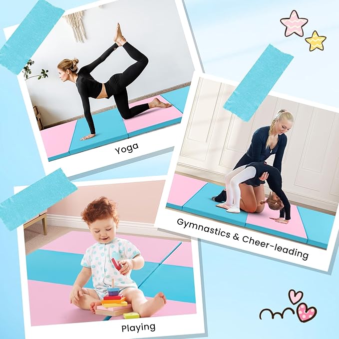 Giantex 4'x10'x 2" Gymnastics Mat, 4-Panel Folding Aerobics Exercise Mat w/Hook & Loop Fastener, Carrying Handle, Portable Tumbling Mat for Stretching Yoga Cheerleading Martial Arts