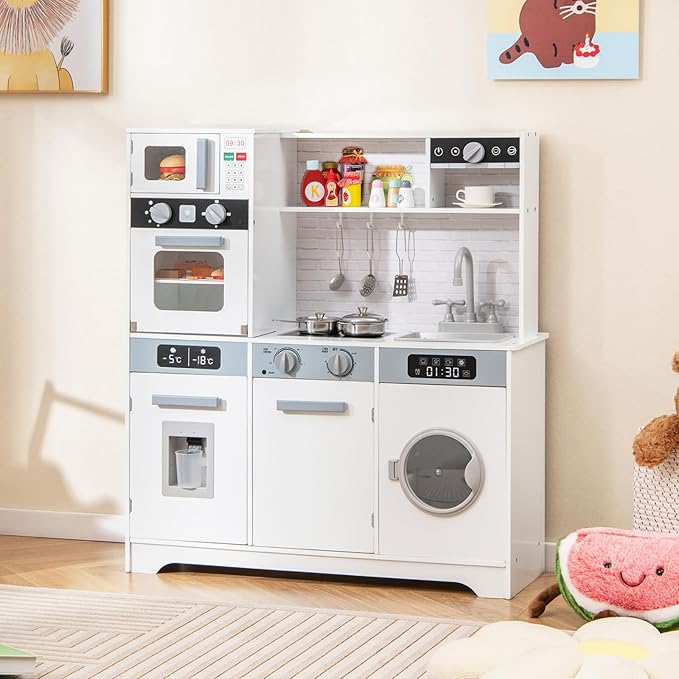 Costzon Kids Kitchen Playset, Wooden Toddler Play Set w/Real Lights & Sounds, Sink, Faucet, Water Dispenser, Microwave, Oven, Washing Machine, Little Chef Pretend Play Kitchen for Kids Ages 3+