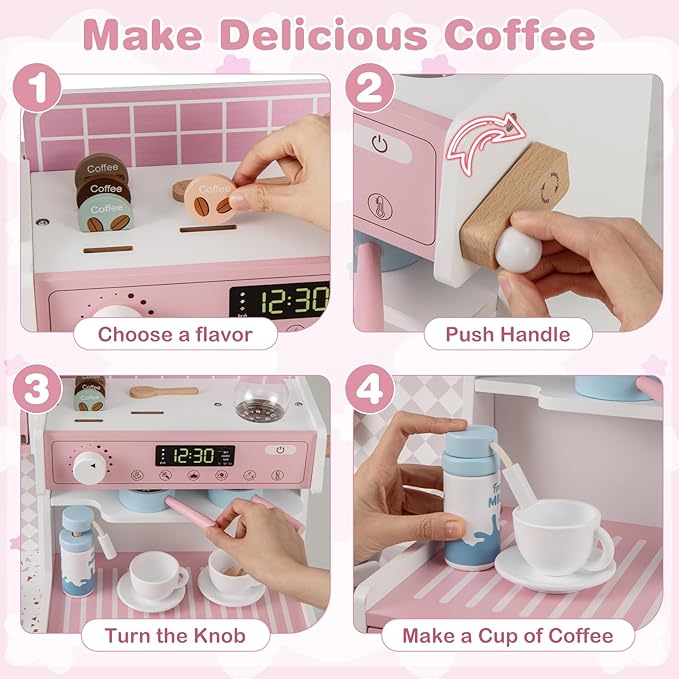 INFANS Kids Kitchen Playset, Toddler Wooden Kitchen Pretend Cooking Toy Set with Coffee Maker Ice Machine Dishwasher Microwave Storage Cabinet, Simulation Play Kitchen for Boys Girls 3+ (Pink)