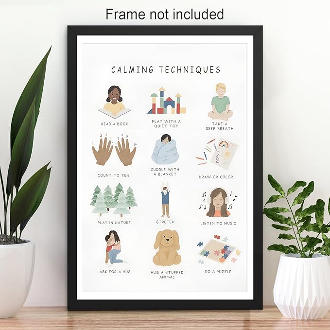 Feelings Calming Techniques Canvas Wall Art Calming Corner Classroom Mental health Posters Boho Emotions Chart for Kids Prints Special Education Wall Decor for Office School 20x30in Unframed