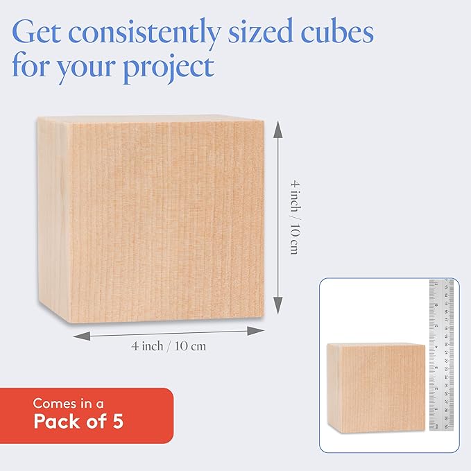 DIY Wood Cubes 4-inch, Pack of 5 Large Blank Wooden Blocks for Crafts, STEM, Building, Monitor Riser, Photo Cube Craft, and Home Decor, by Woodpeckers
