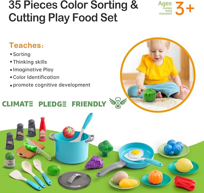 35Pcs Kids Kitchen Toy Accessories, Toddler Pretend Cooking Playset with Play Pots, Pans, Utensils, Cookware, Play Food Set, Toy Vegetables, Learning Gift for Girls & Boys (Blue)