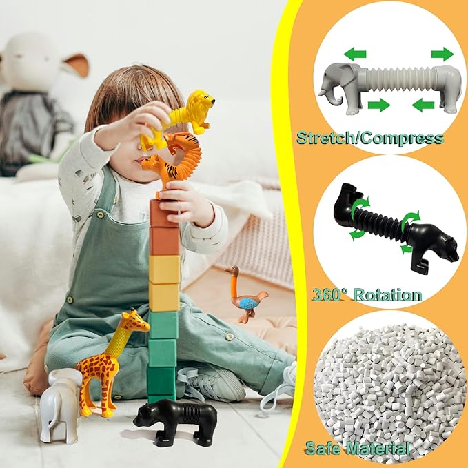 Animal Pop Tubes Sensory Toys 6 Pack Fidget Toddler Stretchable Stress Relief Tubes for Autism, Party Favors, Christmas Stocking Stuffers, Birthday Gifts for Kids Boys & Girls
