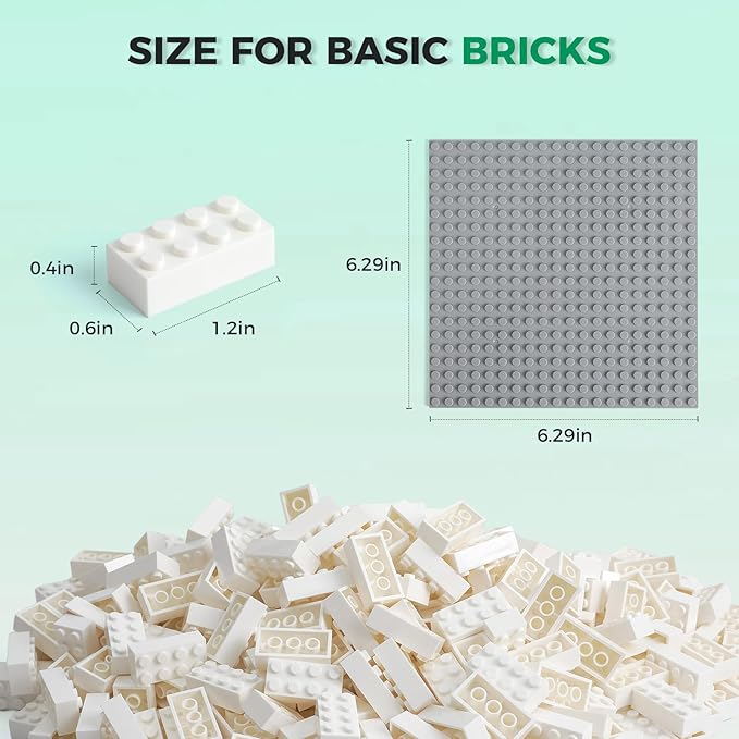 500 Piece Classic Building Bricks and 1 Gray Baseplate, 2x4 Bricks Bulk Creative Building Toys, Blocks Bulk for Kids Ages 6+, White(Samll Bricks, 1.25x0.62x0.47 in)
