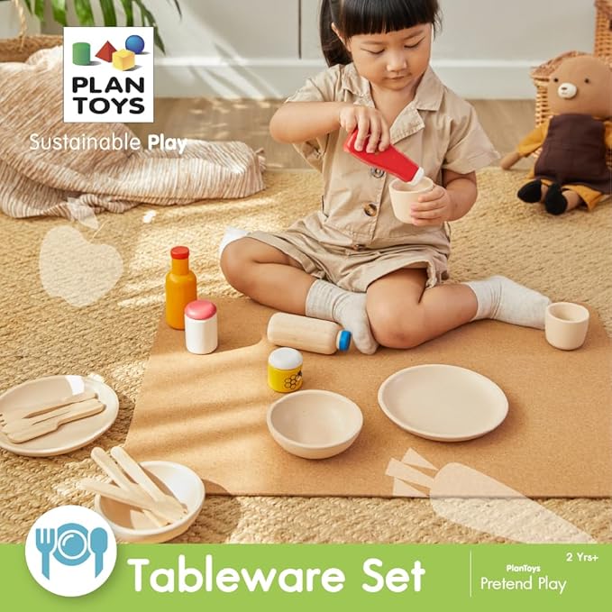 PlanToys® Pretend Play Wooden Tableware Set for Kids | 16-Piece Montessori Kitchen Toy Set with Plates, Cups, Bowls & Utensils | Eco-Friendly, Non-Toxic Toy for Toddlers & Preschoolers