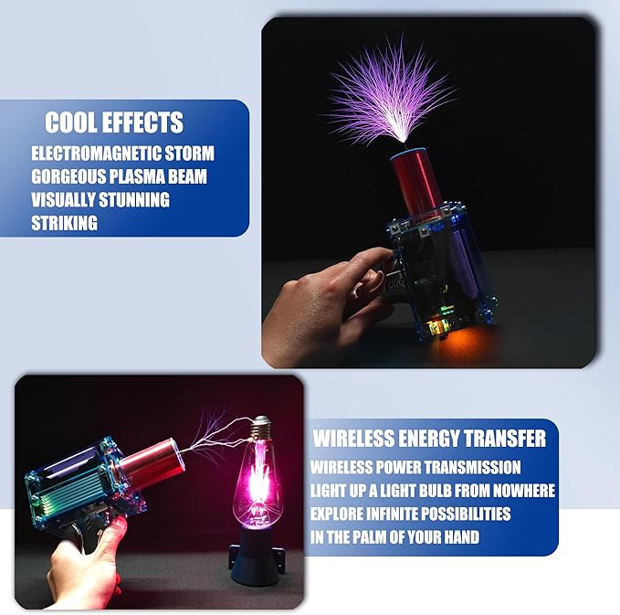 2025 Tesla Coil Handheld Gun,Plasma Coil Desktop Toy Science Education kit Mode Touchable Artificial Lightning Spark Gap Arc Generator Teaching Experiment Tool Teen boy Gifts(Portable Mode of Charger)