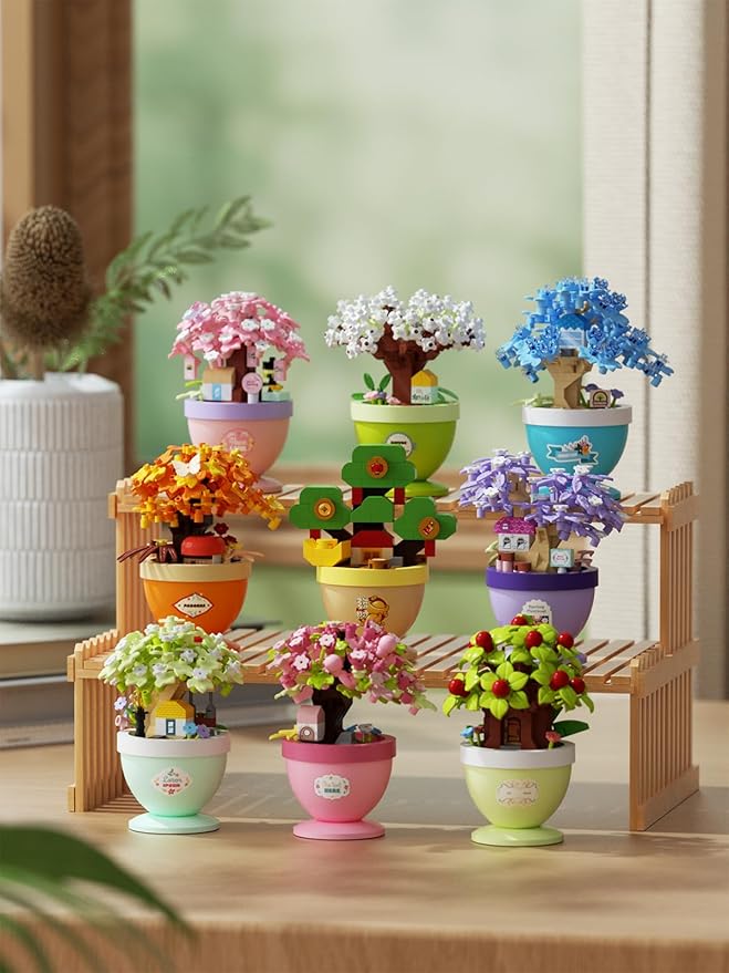 Crabapple Grace Mini Bonsai Tree Micro Building Set Building Toy Plant Cherry Tree Flower Collection Decor for Home Desk Greenery Decoration Building Blocks DIY Creative Gifts