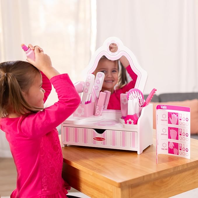Melissa & Doug Wooden Beauty Salon Play Set, 18-Piece Vanity with Pretend Play Toys, Makeup, Mirror, Accessories & More, Preschool Toys for Girls & Boys Ages 3+ - FSC Certified
