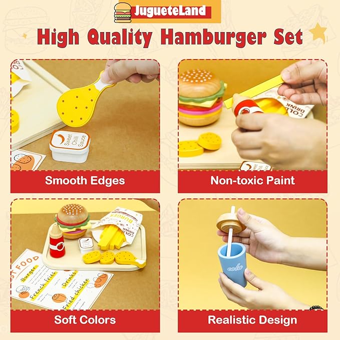 Wooden Play Fast Food Set Play Kitchen Accessories, Pretend Play Food Hamburger French Fries Toy, Restaurant Play Set Role Play Toys for Toddlers,Educational Birthday Gifts for Boys Girls