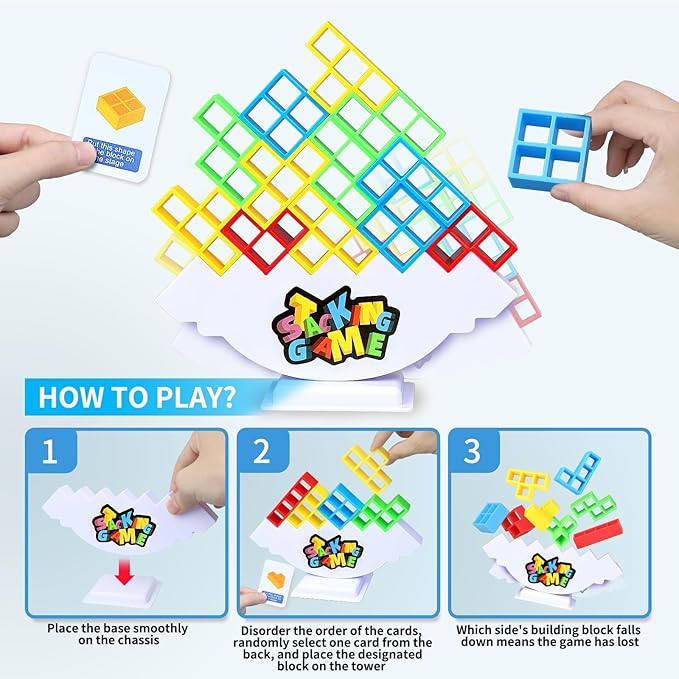48PCS Stack Game for Adult & Kids, Tetra Board Tower Games for Family Travel Party, 2 Players Balance Stacking Toy, Team Toys Building Block