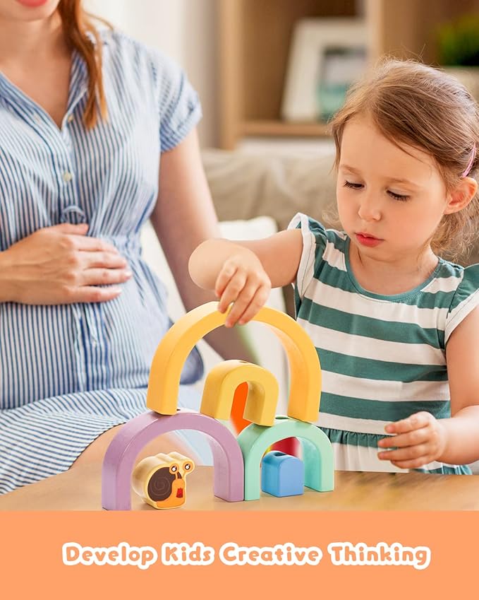 Wooden Snail Pull Along Toy, Walking Along Pull Toys for Toddlers, Wood Snail Rainbow Stacker with Wheel, Birthday Gift to Developing Hand-Eye Coordination, Grasping, Motor Skill