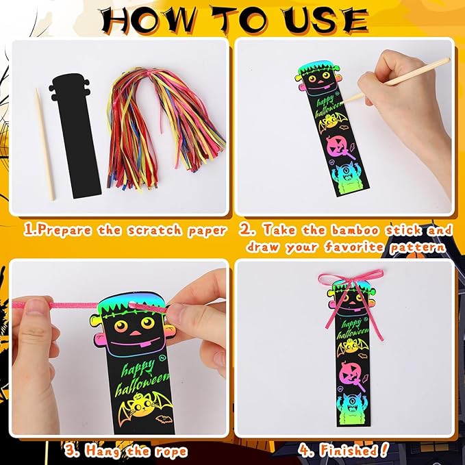 AUGSUN 96Pcs Welcome Back to School Crafts, Magic Rainbow Scratch Paper Art Bookmarks First Day of School Gifts Activities DIY Craft Party Favors
