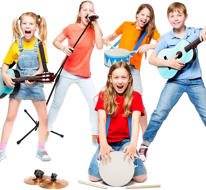 Kids Drum Set 8 Inch Wooden Toy Drum with Adjustable Strap 2 Drumsticks Educational Sensory Musical Instrument Toy Set for Toddlers Kid Baby Boys Girls Gift(Blue Triangle Style)