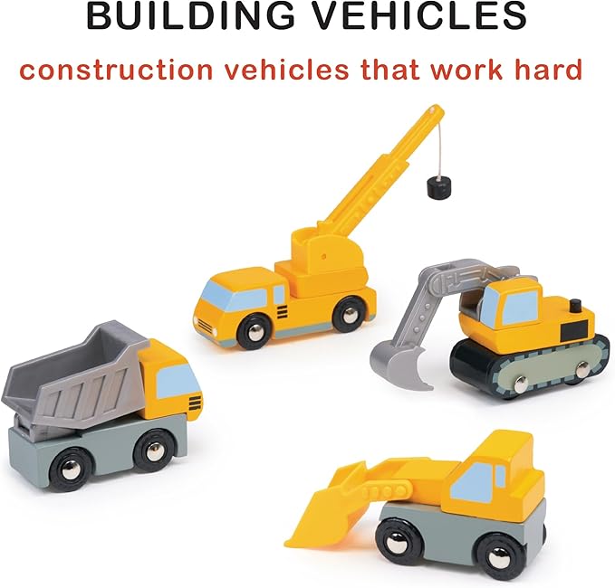 Mentari Toys - Building Vehicles - 4pc Wooden Construction Vehicles with Interactive, Moving Parts - Toy Truck Set for Action-Packed Imaginative Play - Develop Motor Skills and Coordination - Age 3+