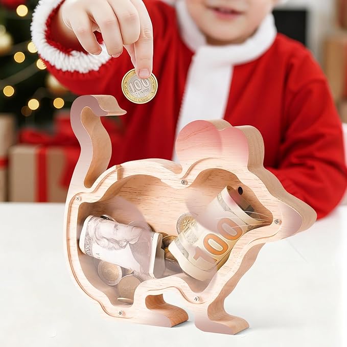 Wooden Rat Piggy Banks for Kids, Adorable Rat Piggy Bank with Acrylic Panels, Unbreakable Toddler Money Box for Boys Girls Adults, Cute Saving Coin Jar for Birthday Décor
